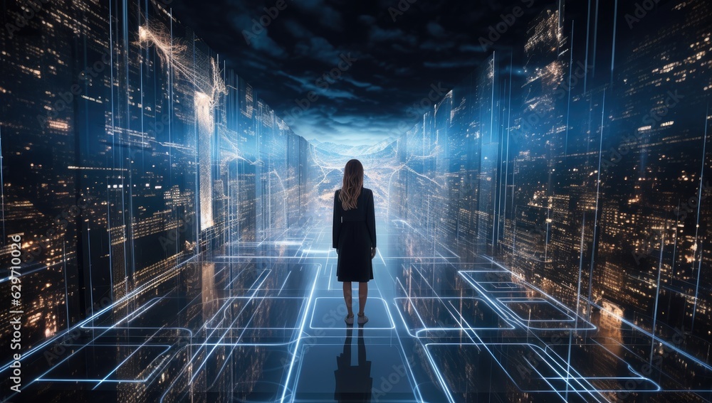 Obraz premium business woman standing in the middle of a large data center Generative AI