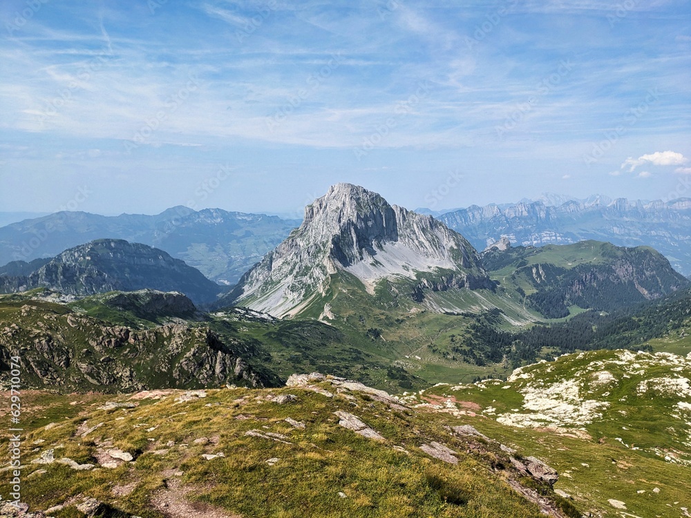 Obraz premium View of the Mürtschenstock Switzerland. Brittle mountain to climb. Between Glarus and St.Gallen. Mountaineering in the Alps. High quality photo