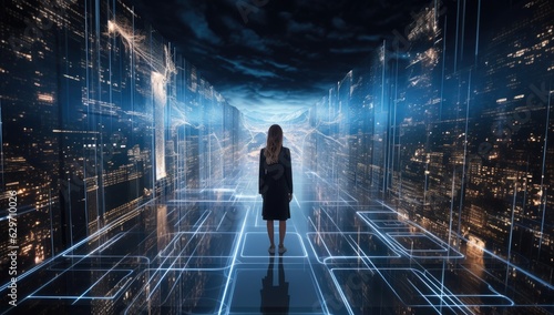 business woman standing in the middle of a large data center Generative AI