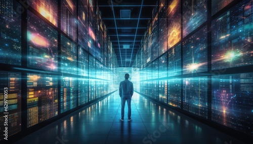 person looking at something inside a data center with colored lighting Generative AI