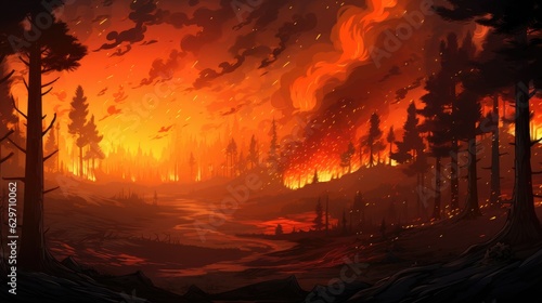 Intense flames from a massive forest fire. Flames light up the night as they rage thru pine forests and sage brush