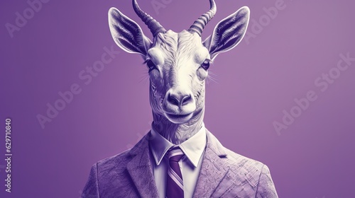 Anthropomorphic antelope wearing purple suit. Antelope businessman. Light purple background. Generative AI © Soulmate