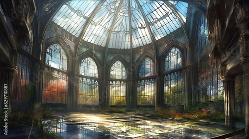 Gothic glass cathedral with greenhouse. Generative AI