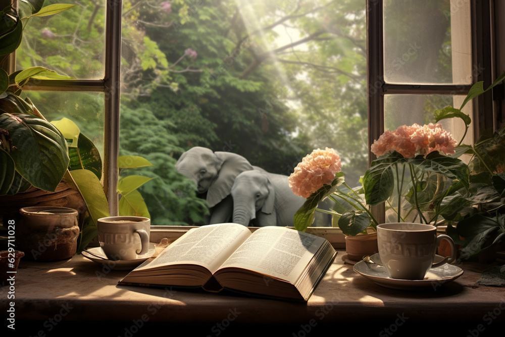 big window sunrays windowsill book plant flower steaming coffee cup - obrazy, fototapety, plakaty 