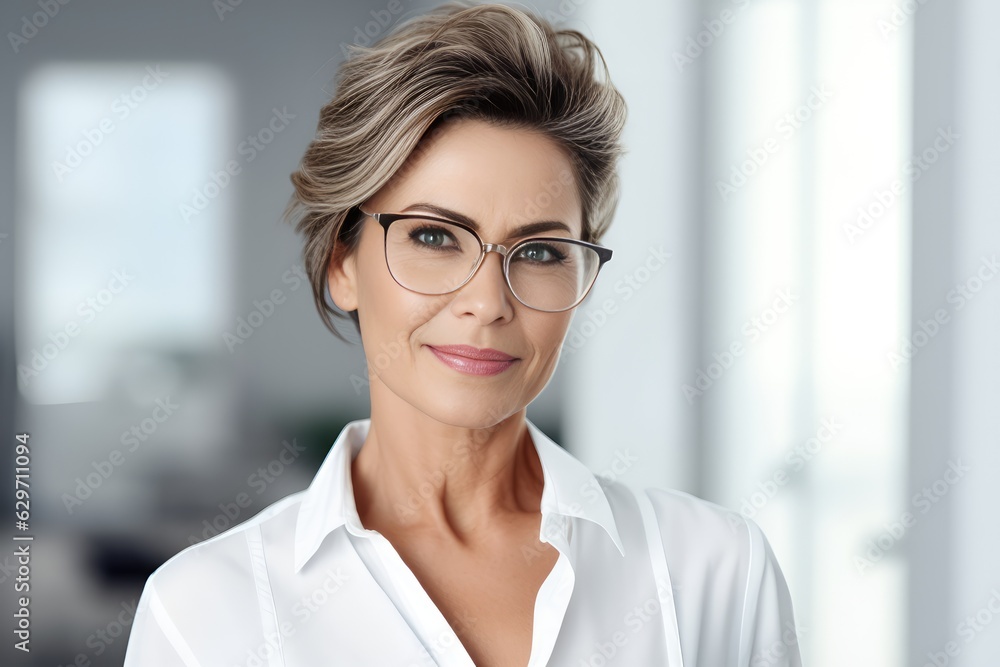 Attractive mature attractive businesswoman wearing glasses posing looking at the camera Attractive mature attractive businesswoman wearing glasses posing looking at the camera