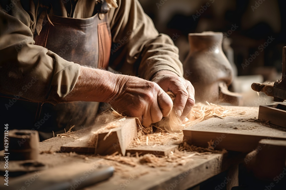 Ein Tischler präpariert ein Stück Holz Ein Tischler präpariert ein Stück Holz