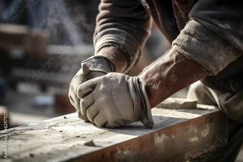 Die Hände eines Tischlers bereiten in einer Tischlerwerkstatt ein Holzstück vor