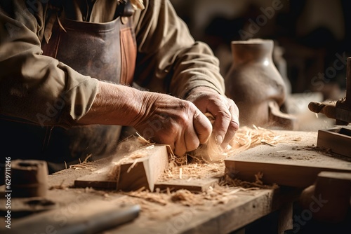 Ein Tischler präpariert ein Stück Holz