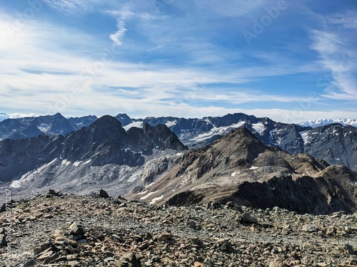 Mountain panorama from the Schwarzhorn, Davos Klosters Mountains. Hiking from the Flüela Pass. Wanderlust in the Graubünden mountains. High quality photo