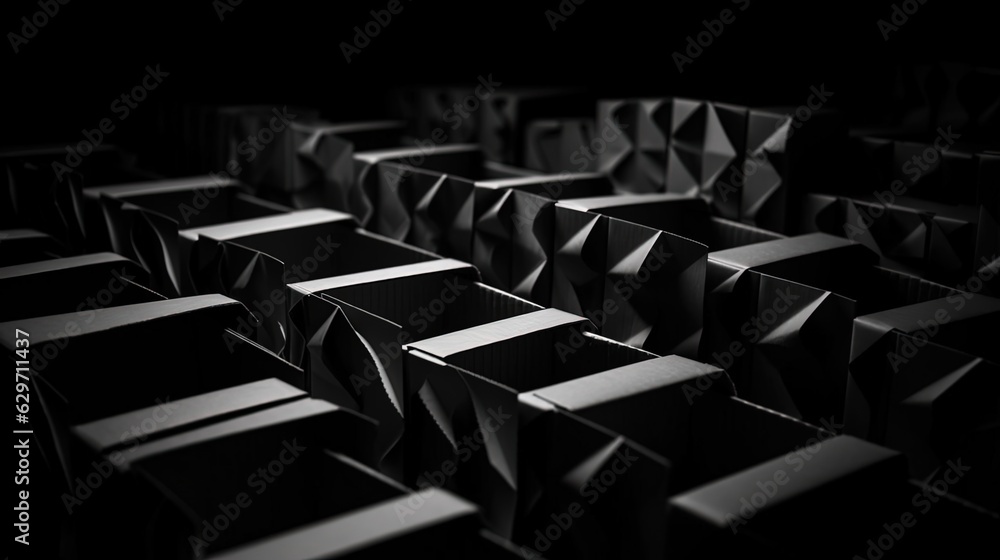 Fototapeta premium Cardboard boxes. Black and white. Black background. Generative AI