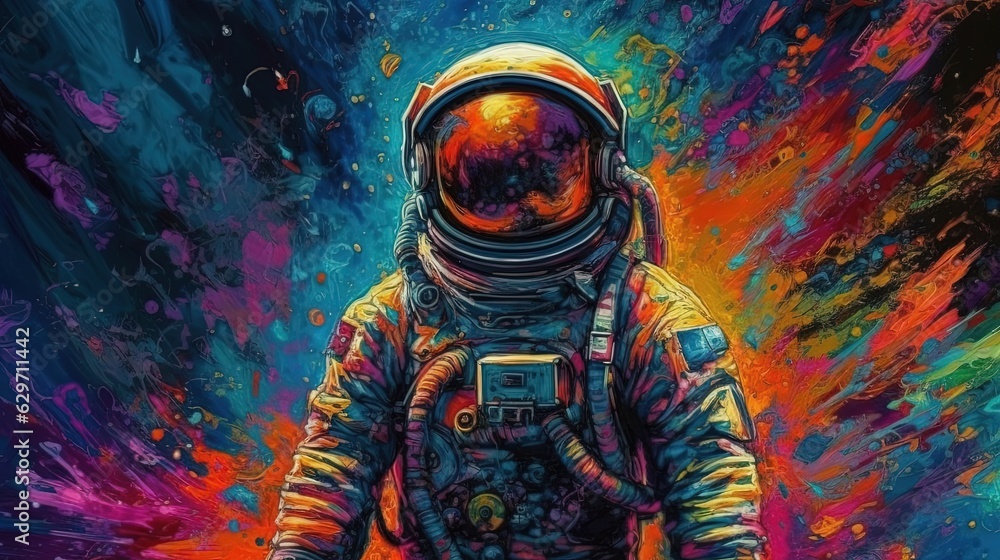 Psychedelic colorful astronaut in space. Generative AI - obrazy, fototapety, plakaty 