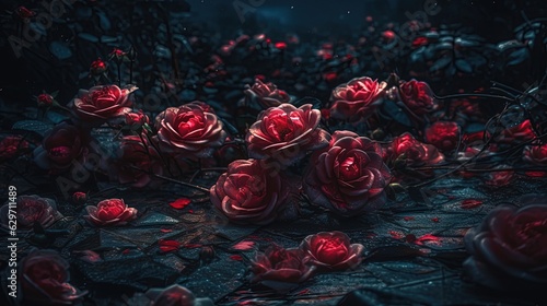 Roses after rain. Night. Generative AI