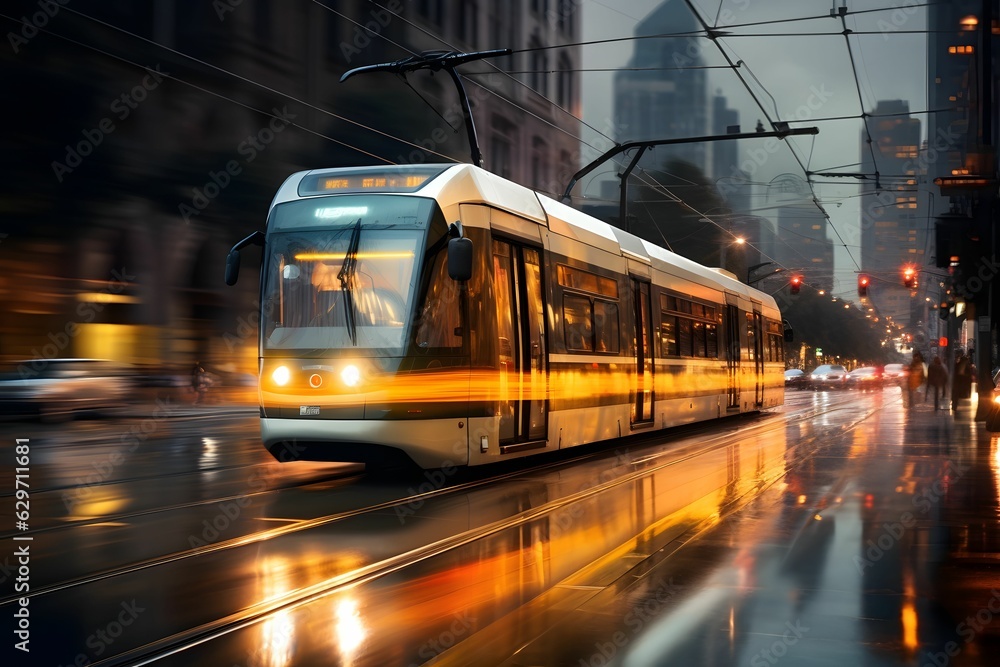 Obraz premium eine Straßenbahn, die durch die Stadt fährt