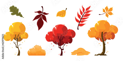 Set of beautiful autumn trees, bushes and leaves in cartoon style. Vector illustration of yellow, red, green, orange leaves: oak, poplar, ash, chestnut and various trees with falling leaves, bushes.