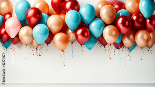  bunch of round red, orange and blue ballons framing copy space  against white  background photo