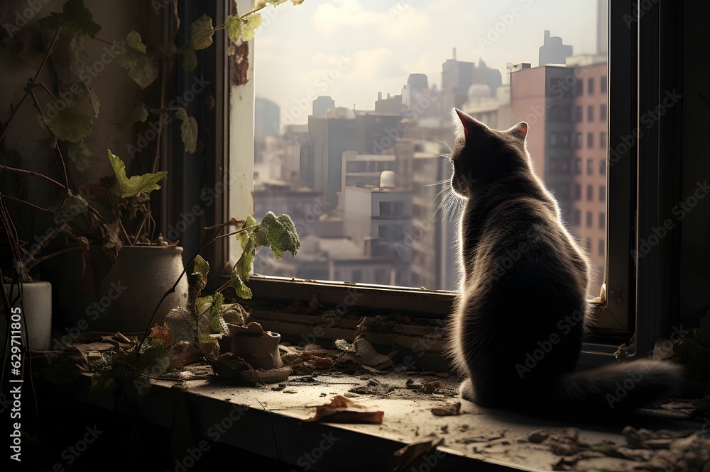 Eine neugierige Katze sitzt auf der Fensterbank und schaut aus dem Fenster. - obrazy, fototapety, plakaty 