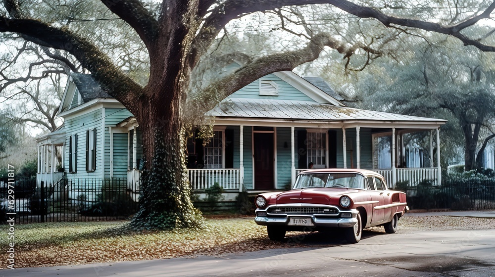 American house and red old car. Generative AI American house and red old car. Generative AI