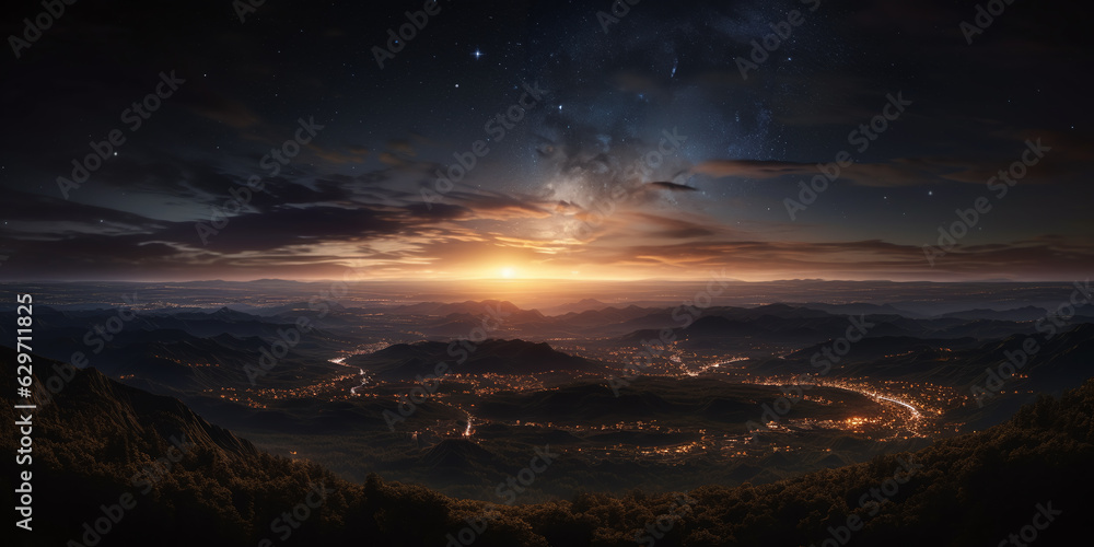 Fototapeta premium Futuristic city in night lights with galaxy planets in sky, fantasy realistic background. Sunset in futuristic megapolis with space moon on horizon in AI generative