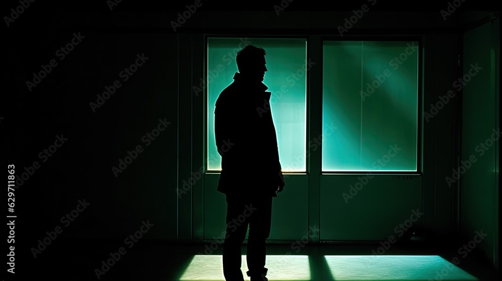 Fototapeta premium Silhouette of man in dark room with green lights. Generative AI