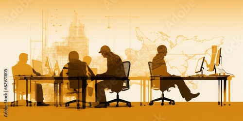 Silhouette of Business People Teamworking in Modern Office Situation, Rendered in Leonardo da Vinci and Architect Technical Drawing Styles, Wearing Modern Business Outfits