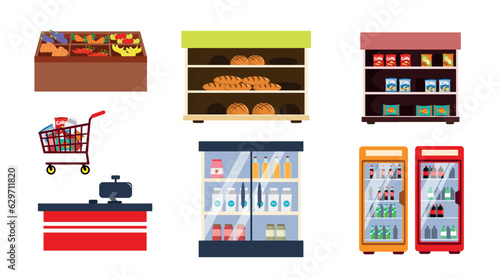 Set of various shop equipment. Vector illustration of a rack with vegetables and fruits, shelves with bread, chips, refrigerators with drinks, juices, milk, a cart with products, a cash register.