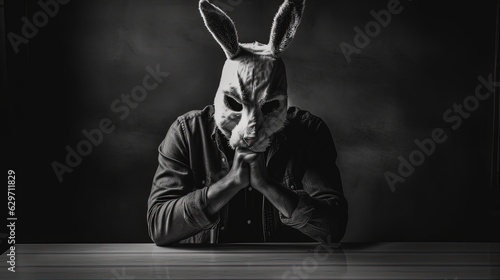 Villain in scary rabbit mask. Creepy person in rabbit mask. Black and white. Generative AI