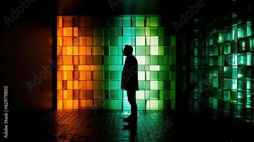 Silhouette of man in dark room with mosaic colorful lights. Generative AI