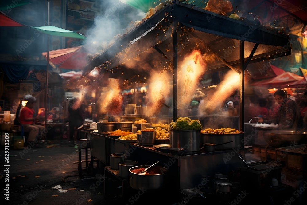 Ein Stand auf einem Straßenmarkt bereitet frisches Essen zu.
