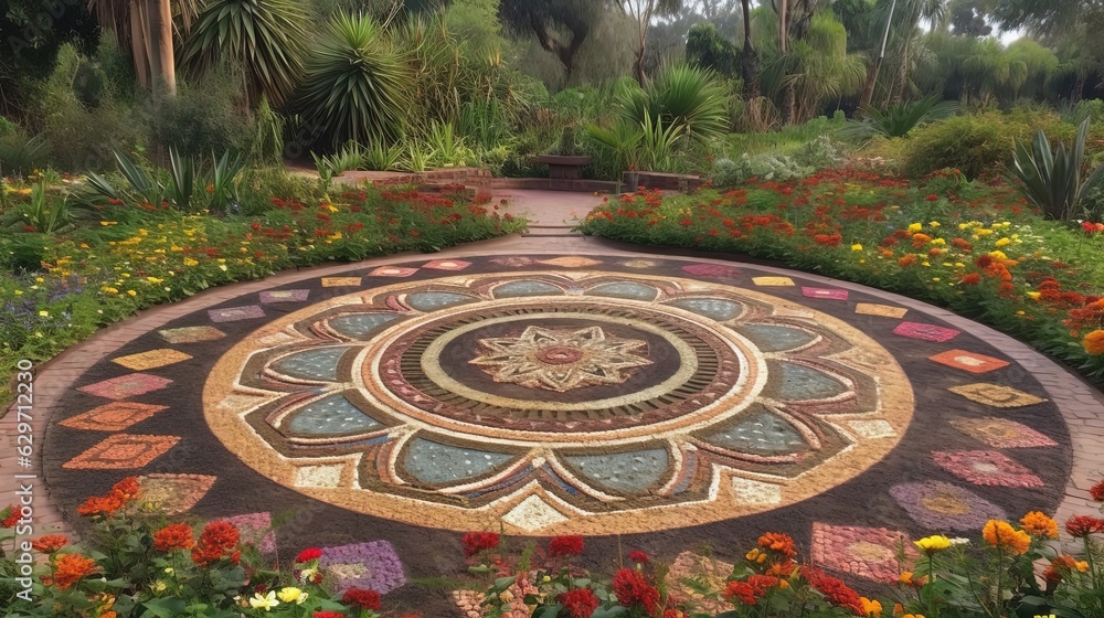 Stunning botanical garden. Tiled pattern in the form of a mandala. Generative AI