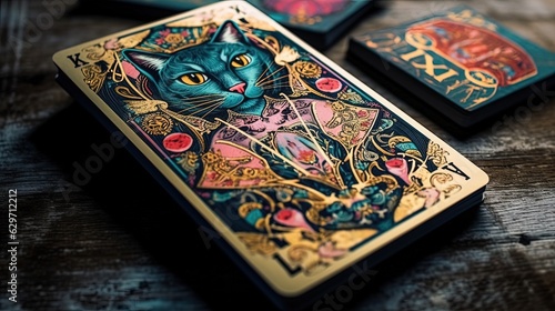 Ornate tarot card with cat. Generative AI