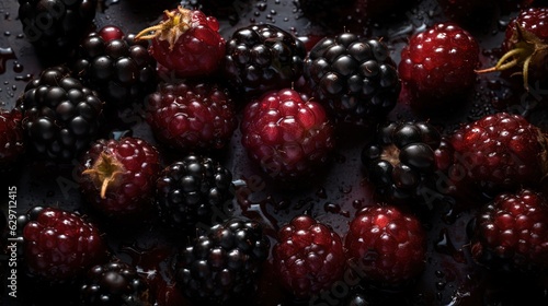 Blackberries with water drops. View from above. Blackberry. Generative AI