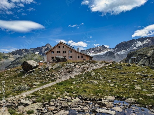 View of the SAC mountain hut Chamanna da Grialetsch CAS Zernez. Glacier Vadret da Grialetsch near Davos. Hiking mountain panorama. High quality photo photo