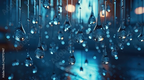 Blue water drops hanging. Raindrops. Generative AI