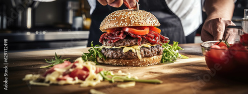 Cook preparing a cheeseburger - food photography
