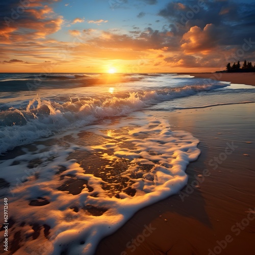 Ein Sonnenuntergang mit schlagenden Wellen am Sandstrand.