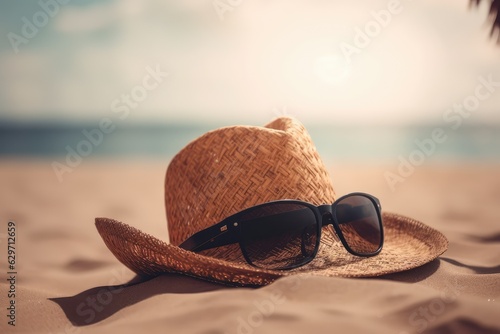 Concept summer holiday. Straw hat sunglasses on sandy beach, AI