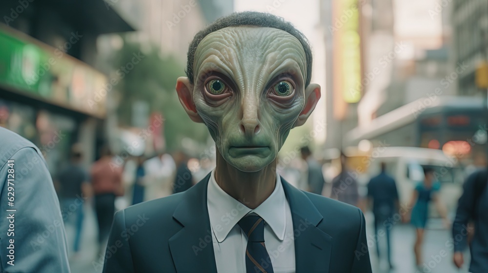 Anthropomorphic alien wearing suit. Business man alien. Generative AI Anthropomorphic alien wearing suit. Business man alien. Generative AI