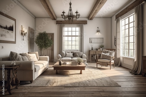 Cozy farmhouse living room interior, AI generated illustration © GalleryGlider