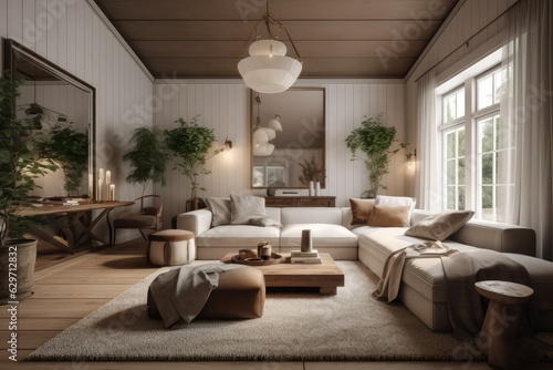 Cozy farmhouse living room interior, generated by AI