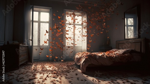 Butterflies in gloomy bedroom. A lot of butterflies in room. Generative AI photo