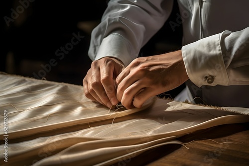 Die Hände eines Schneiders fädeln eine Nadel ein und nähen Stoff photo