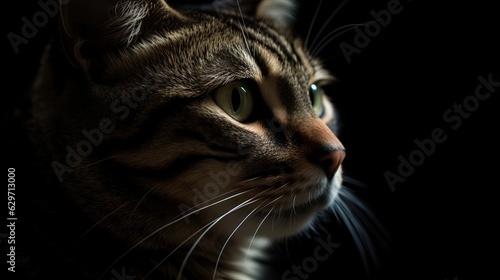 Beautiful cat. Close-up cat head. Black background. Generative AI
