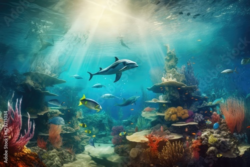 Dolphins and a reef undersea environment, AI generated illustration
