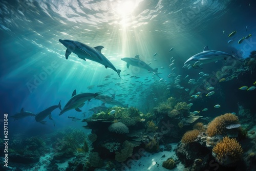 Dolphins and a reef undersea environment, generated by AI © GalleryGlider