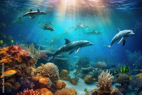 Dolphins and a reef undersea environment. generative AI illustration 