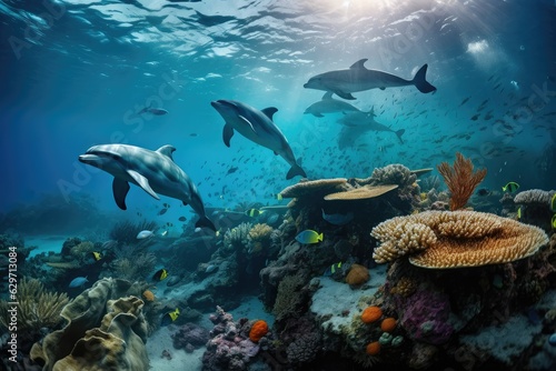 Dolphins and a reef undersea environment. generative AI
