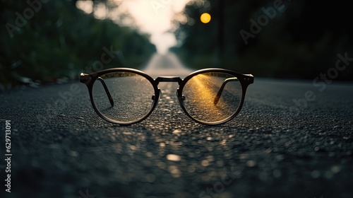 Glasses laying on a road. Close-up. Generative AI