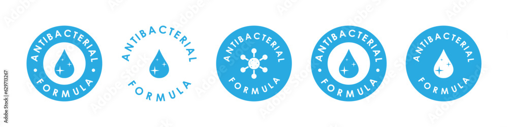 Anti Bacterial formula sign, label, sticker or emblem. Anti bacterial gel or spray for desinfecting. Hygiene concept. Vector icon set Anti Bacterial formula sign, label, sticker or emblem. Anti bacterial gel or spray for desinfecting. Hygiene concept. Vector icon set