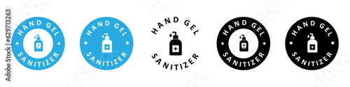 Hand gel sanitizer sign, label, sticker or emblem. Hand sanitizer. Hygiene and Covid cocept. Anti bacterial. Vector icon set.