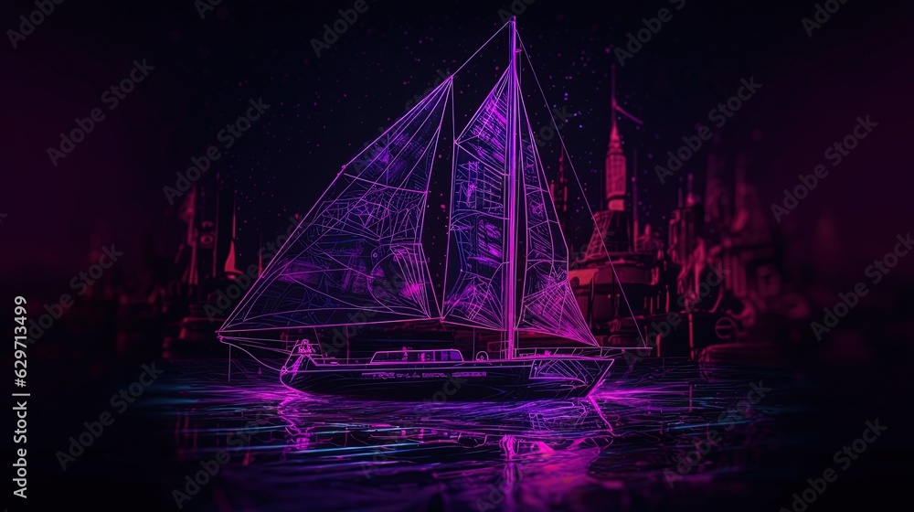 Cyberpunk purple sailboat. Yacht logo. Generative AI